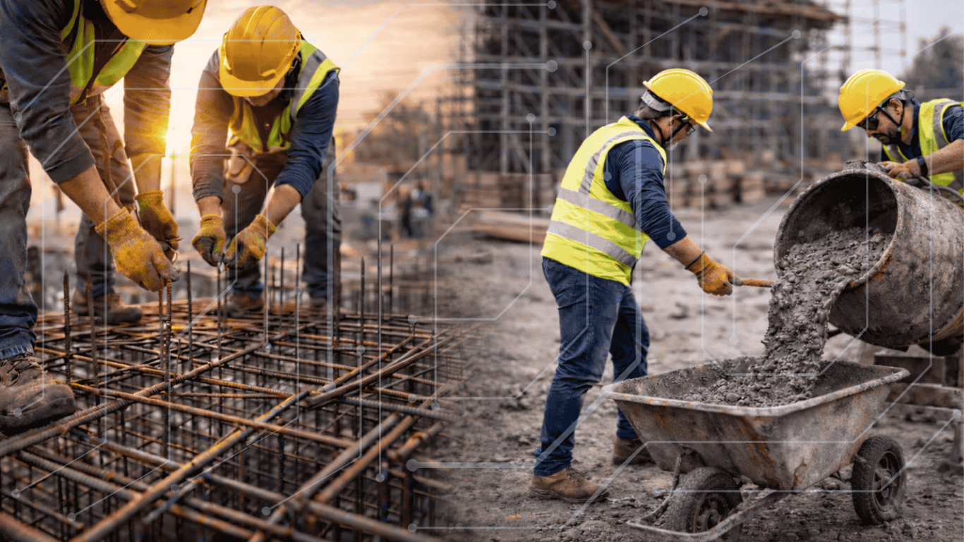 General construction workers performing rebar and concrete works on site in Singapore
